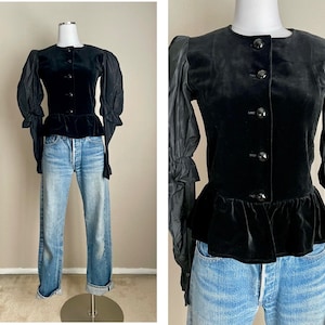 vintage 80s YVES SAINT LAURENT rive gauche black velvet taffeta peplum fitted jacket blouse/ women's x-small image 1