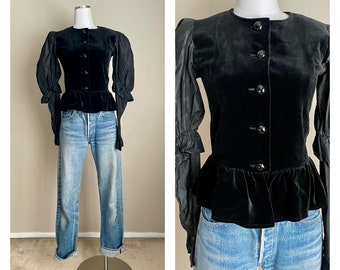 vintage 80s YVES SAINT LAURENT rive gauche black velvet taffeta peplum fitted jacket blouse/ women's x-small