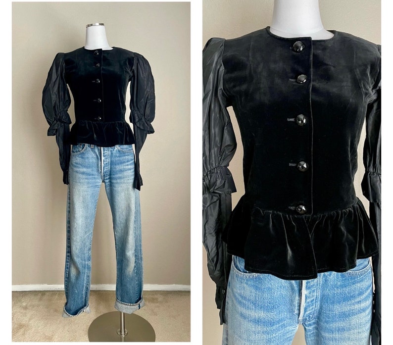vintage 80s YVES SAINT LAURENT rive gauche black velvet taffeta peplum fitted jacket blouse/ women's x-small image 1
