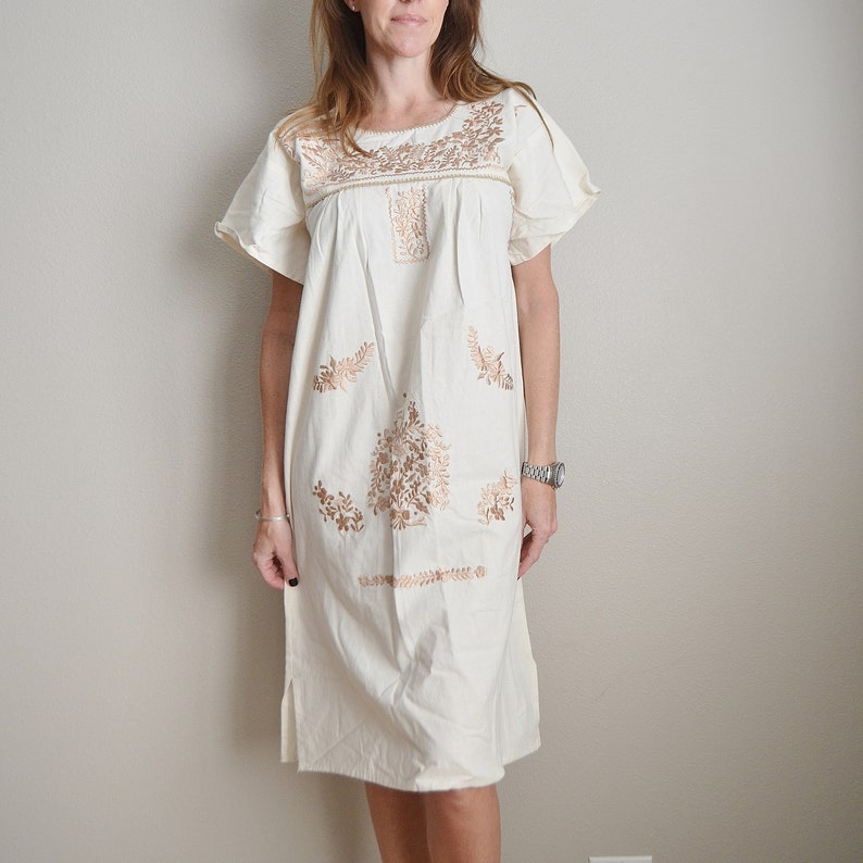 small medium large vintage ivory cream beige embroidered mexican oaxacan patio summer cotton boho hippie ethnic lounge dress one size