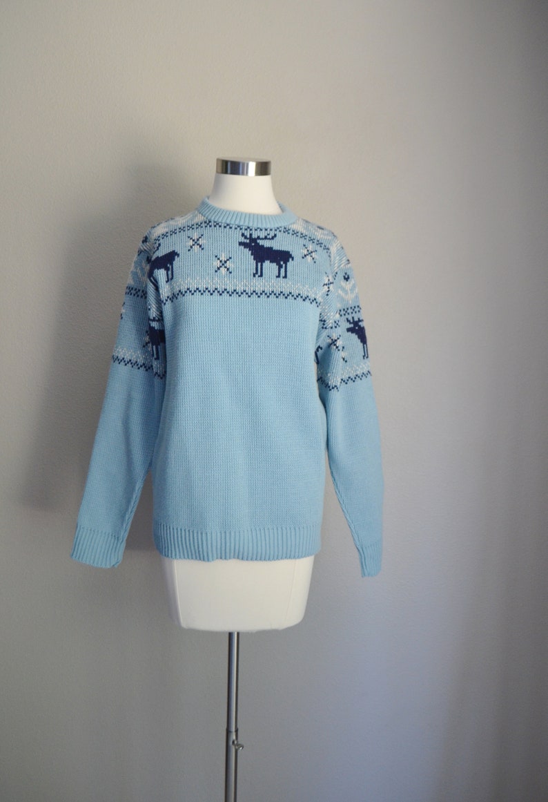 vintage 60s acrílico azul blanco justo esquí nieve isla suéter mediano para hombres / grande para mujeres imagen 8