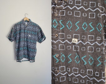 Vintage 80s 90s QUIKSILVER  surfer skater grunge geometric aztec funky button down shirt - small