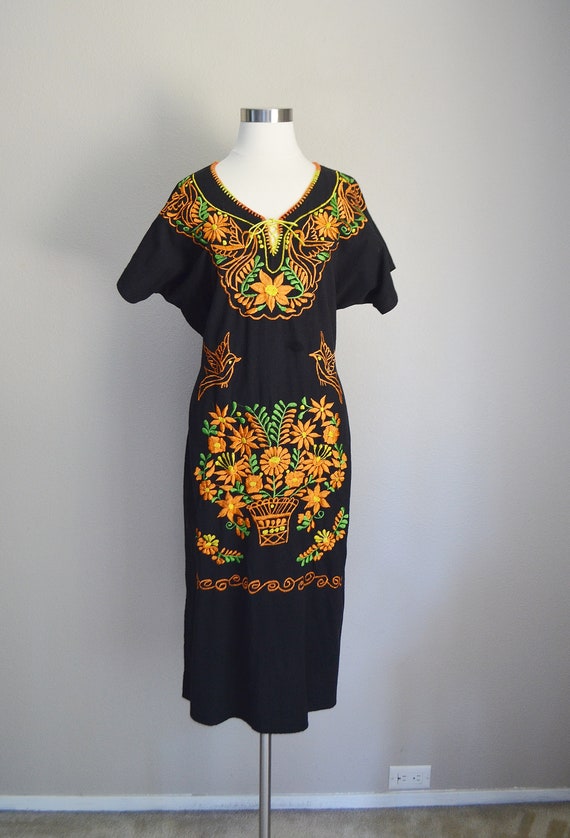 vintage embroidered dress / black and orange peas… - image 2