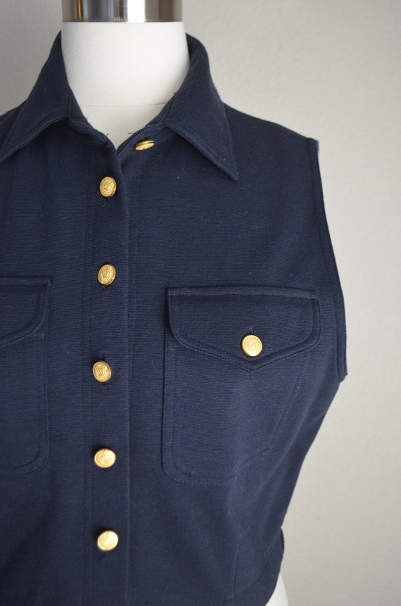 knit navy blue gold button vintage vest - medium … - image 4