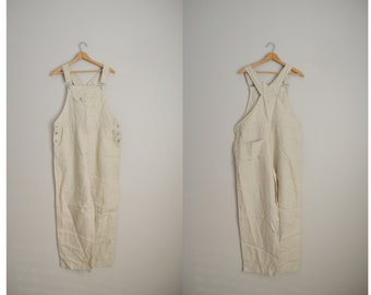 tan linen overalls / medium womens overalls / minimal neutral beige tan overall