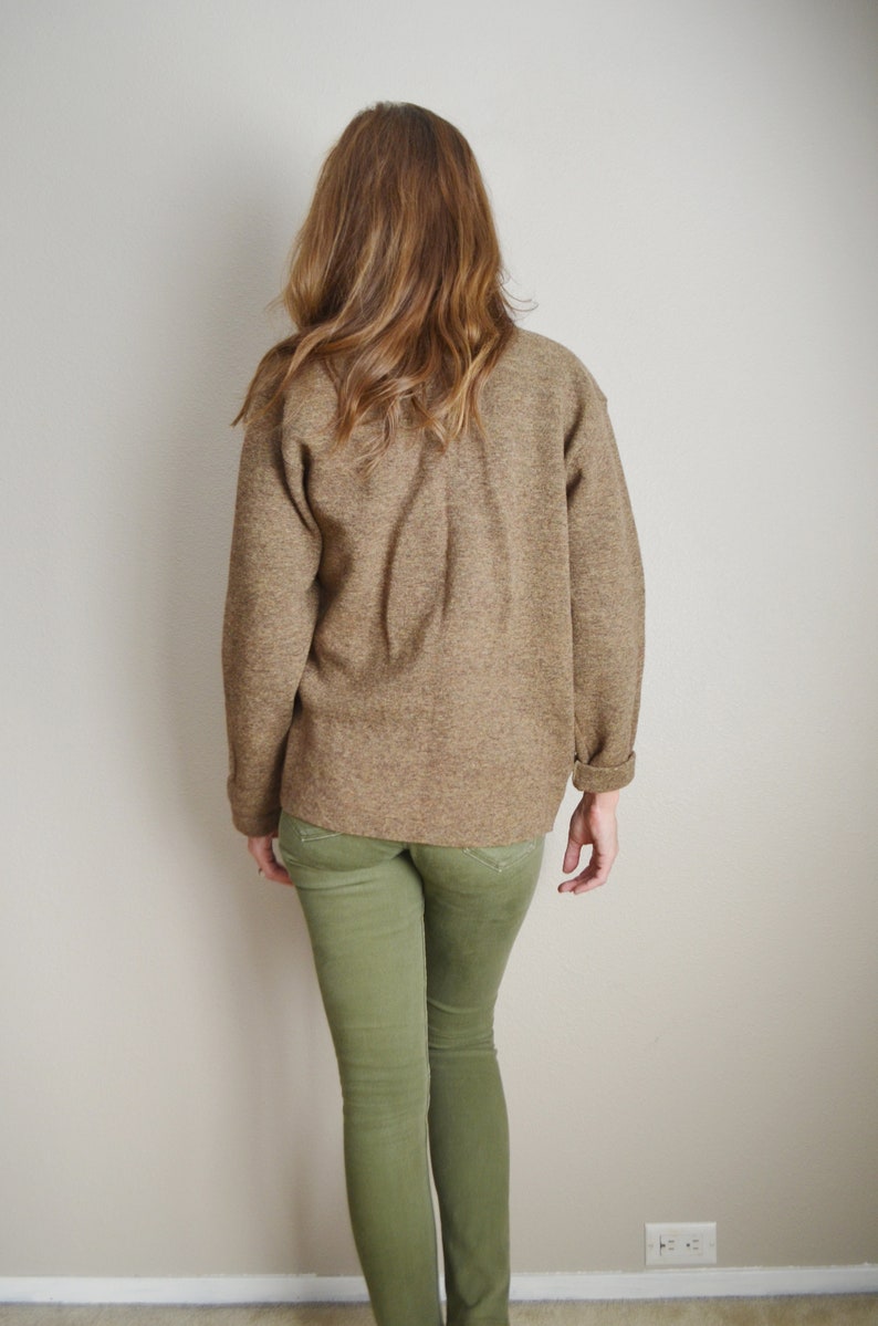 unisex small medium vintage 70s tan wool brown minimal cardigan sweater boyfriend cardigan two pockets grandpa