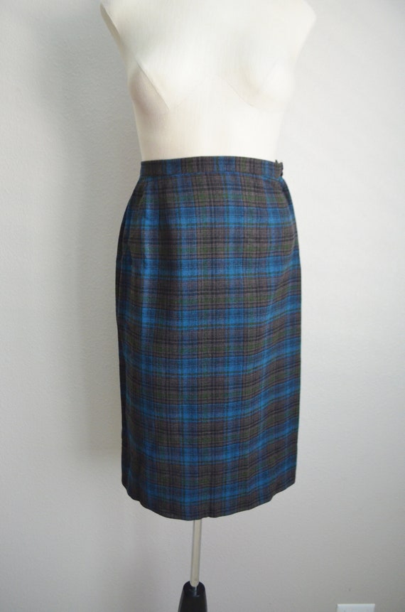 vintage 80s blue green plaid pencil high waisted … - image 5