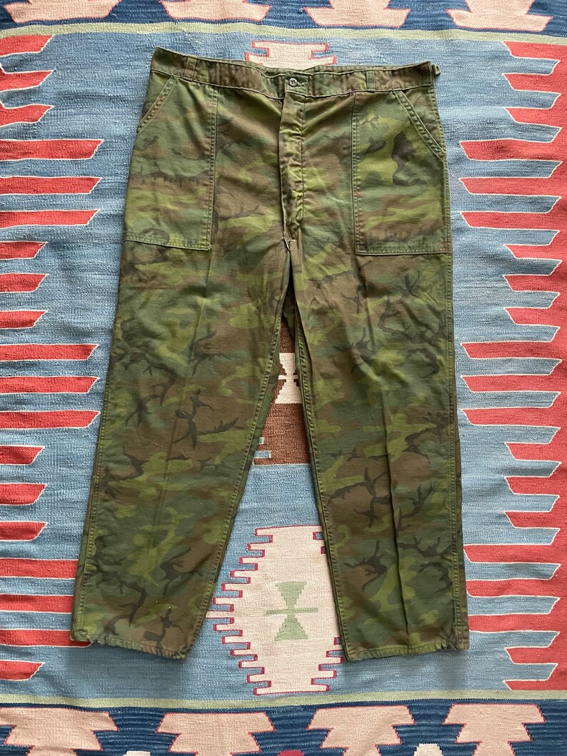 Vintage 1970s Olive Drab Camo Utility Fatigues Military Trouser 42 42x31 OG Style Camouflage Trousers image 3