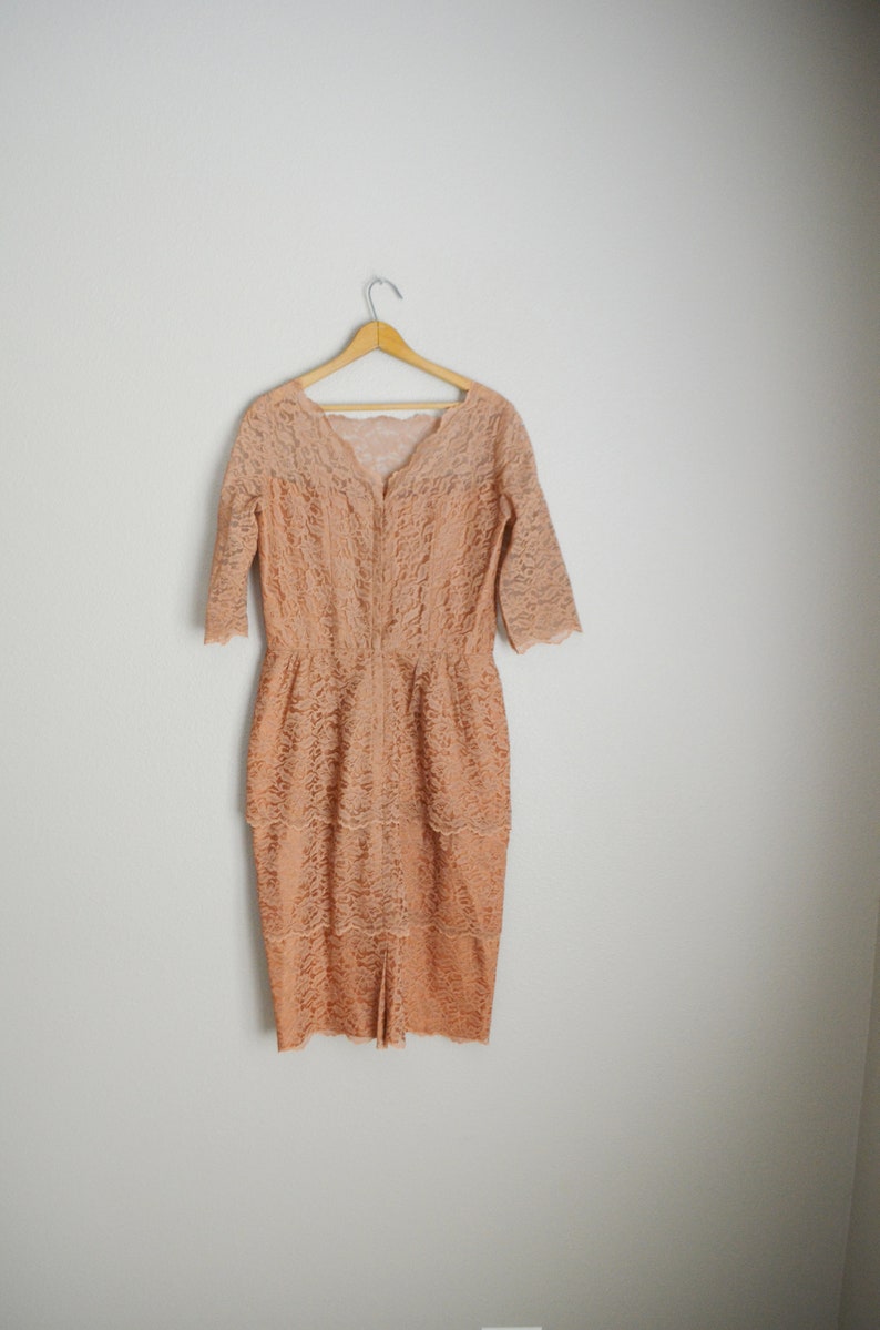 vintage 1960s rose tan nude lace 60s mid century tiered wiggle dress- medium