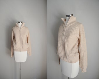 vintage 70s pastel pale pink zip cardigan shawl neck sweater - women's medium