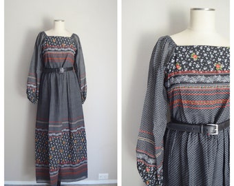 maxi peasant dress / vintage 70s prairie maxi bohemian floral long dress hippie dress / rainbow of california 1970s dress small