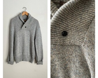 vintage 80s oatmeal tan heather wool blend shawl neck light weight sweater -- men's medium