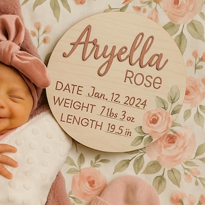 Personalized Girl Birth Stat Sign, Blush and White Floral Birth Stat Sign, Round Wood Birth Stat Sign, Birth Stat Sign, Newborn Gift