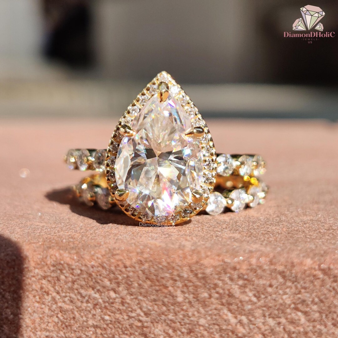 3 CT Pear Cut Moissanite Bridal Set Gold Engagement Ring With Floating ...