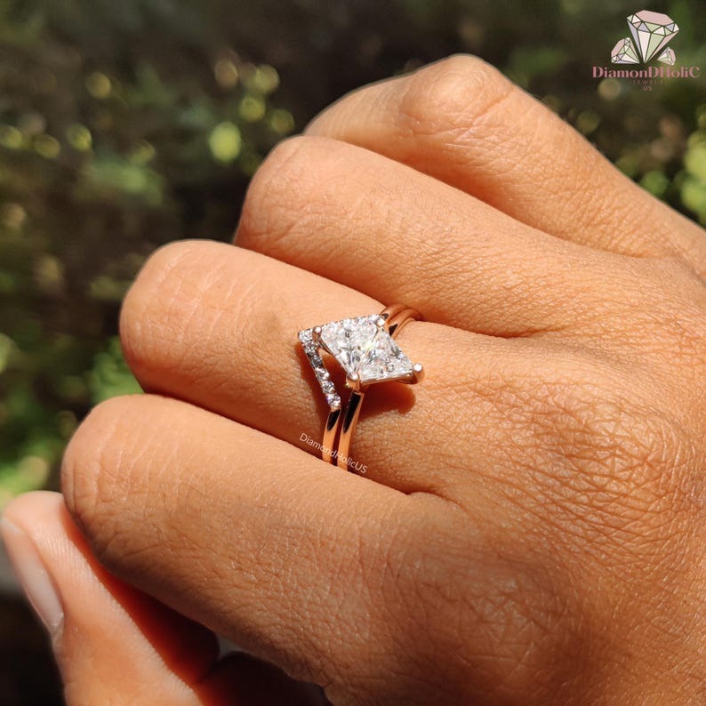 Rhombus Moissanite Bridal Set, Kite Shape Solitaire Engagement Ring ...