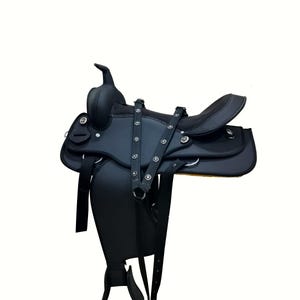 May include: A black Western saddle with a high cantle and horn. The saddle features silver-colored conchos and a padded seat. Stirrups and straps are visible, suggesting it's ready for riding. The background is plain white.