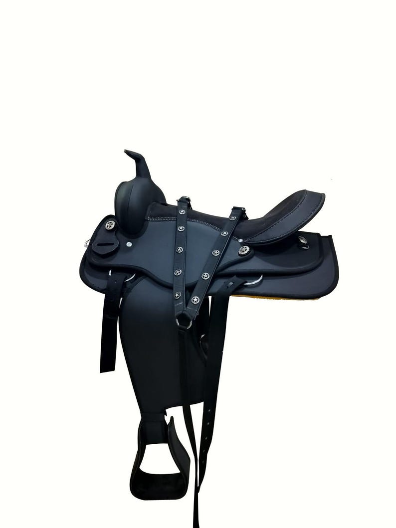 May include: A black Western saddle with a high cantle and horn. The saddle features silver-colored conchos and a padded seat. Stirrups and straps are visible, suggesting it's ready for riding. The background is plain white.