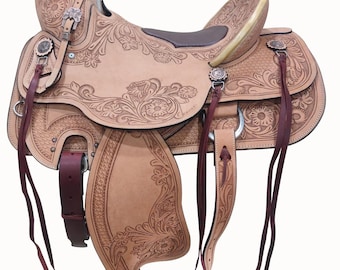 Hand Tooled Buffalo Leather Western Saddle with Wood Tree