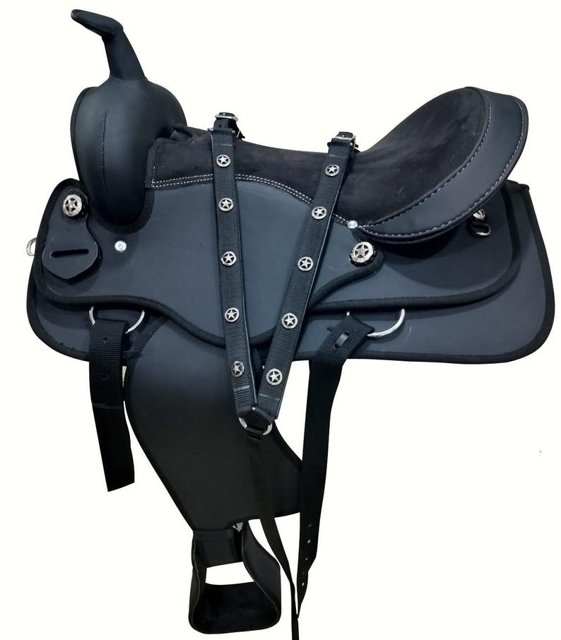 May include: A black Western saddle with a padded seat and a high cantle. The saddle features silver-colored star-shaped conchos and stirrups. The saddle is designed for horseback riding and is made of leather and suede.