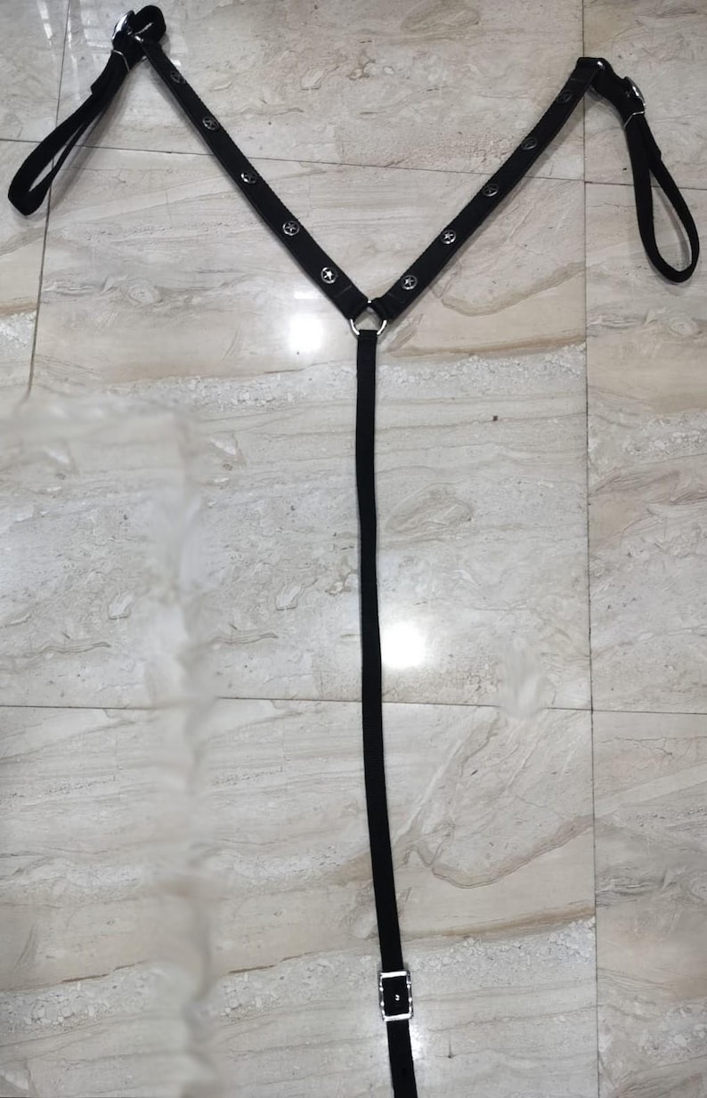 May include: Black harness with silver-tone metal hardware. The harness features a Y-shaped design with adjustable straps and a buckle closure. The straps are adorned with small, round studs.