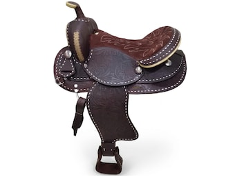 Western Trail Leather Horse Saddle, Embossed Fiberglass Tree, Suede Seat