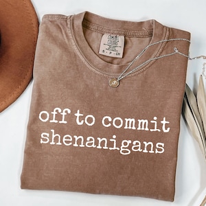 Può includere: Una maglietta marrone con la scritta bianca "off to commit shenanigans". La maglietta ha un girocollo e maniche corte. Una collana d'argento con un piccolo ciondolo è drappeggiata sulla maglietta.