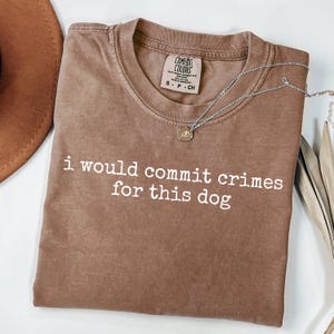 Pode incluir: Uma camiseta Comfort Colors marrom com a frase "i would commit crimes for this dog" em letras brancas. Um colar de prata com um pequeno pingente está sobre a camiseta. A camiseta está dobrada sobre uma superfície branca.