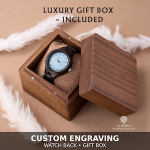 Engraved Wooden Watch for Women: Mother-of-Pearl Dial, Rhinestone Markers