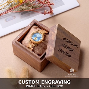 Women’s Olive Wood Watch | Gold Stainless Steel | Wedding Gift for Bride from Mom | Engraved Gift for Her