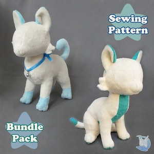 May include: Sewing pattern for a white plush cat with blue accents. The pattern includes two different poses, one standing and one sitting. The pattern is called "Bundle Pack".