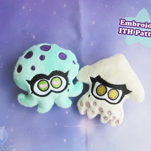May include: Two plush toys: a teal octopus-like creature with purple spots and a white squid-like creature. Both have large eyes with black outlines and heart-shaped pupils. The text "Embroidery ITH Pattern" is in a star-shaped graphic.
