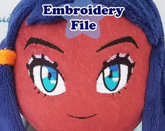 May include: Embroidered plush toy with blue hair, orange headband, and red skin. The toy has blue eyes with white pupils and a small smile. The text "Embroidery File" is visible above the toy's head.