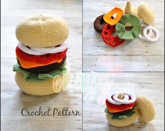 May include: Crochet pattern for a hamburger toy. The toy is made of different colored yarn and includes a bun, lettuce, tomato, cheese, and onion. The pattern is available for purchase.