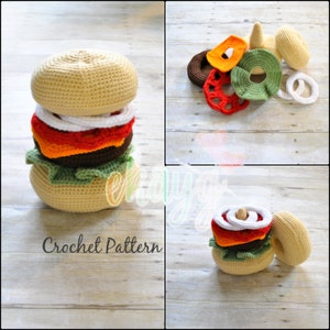 Puede incluir: Patrón de crochet para un juguete de hamburguesa. El juguete está hecho de hilo de diferentes colores e incluye un pan, lechuga, tomate, queso y cebolla. El patrón está disponible para su compra.