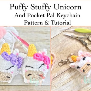 Crochet Pattern, Puffy Stuffy Unicorn with Pocket Pal Keychain Modification image 1
