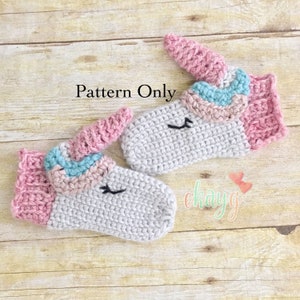 Crochet Pattern, Unicorn Mittens, Todder through Teen Sizes image 1