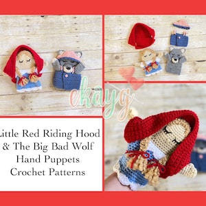 Puede incluir: Patrones de crochet para marionetas de mano de Caperucita Roja y el Lobo Feroz. Las marionetas están hechas con hilo rojo, azul y gris.