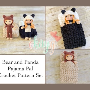 Crochet Pattern Pack, Bear and Panda Pajama Pals, 6 inch Dolls