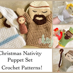 May include: A set of six crochet nativity puppet patterns. The puppets include Mary, Joseph, baby Jesus, an angel, and the three wise men. The patterns are written in English.