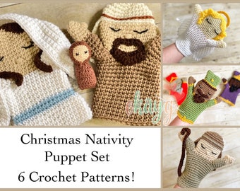 Op de afbeelding: Een set van zes haakpatronen voor kerststalpoppen. De poppen omvatten Maria, Jozef, baby Jezus, een engel en de drie wijzen. De patronen zijn in het Engels.