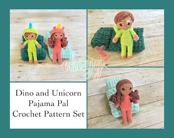 Crochet Pattern Pack, Dinosaur and Unicorn Pajama Pal Set, 6 inch Dolls