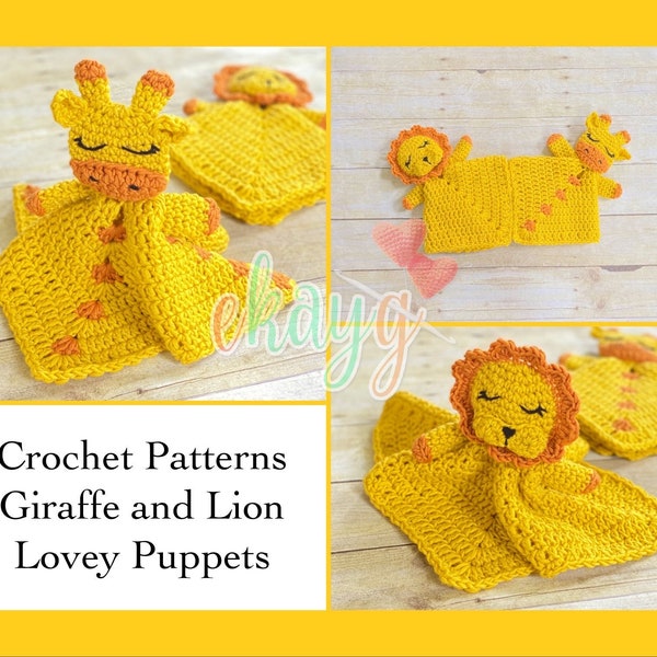 Crochet Patterns, Giraffe and Lion Lovey Puppets