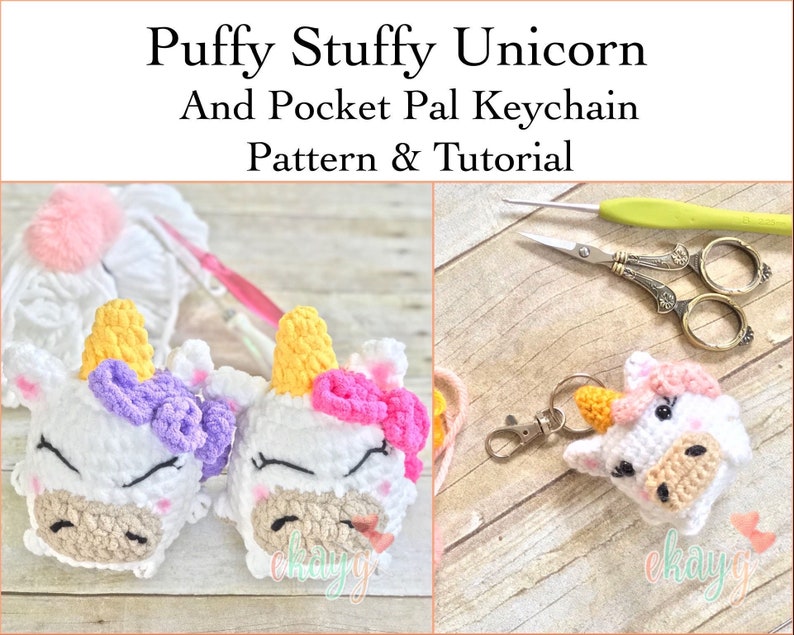 Crochet Pattern, Puffy Stuffy Unicorn with Pocket Pal Keychain Modification image 1