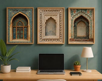 May include: Three rectangular framed wall art prints featuring detailed architectural archways. The left print shows blue tile patterns, the center print displays intricate stone carvings, and the right print depicts a floral archway with green tiles.