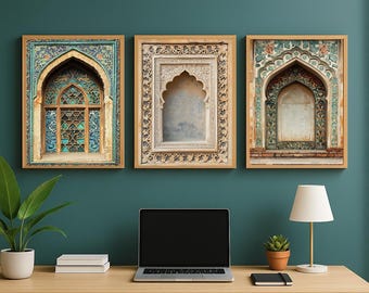 May include: Three framed wall art pieces depicting arched window designs with detailed patterns. The frames are a warm, natural wood colour, and the artwork displays a mix of teal, beige, and brown tones, creating a vintage aesthetic.
