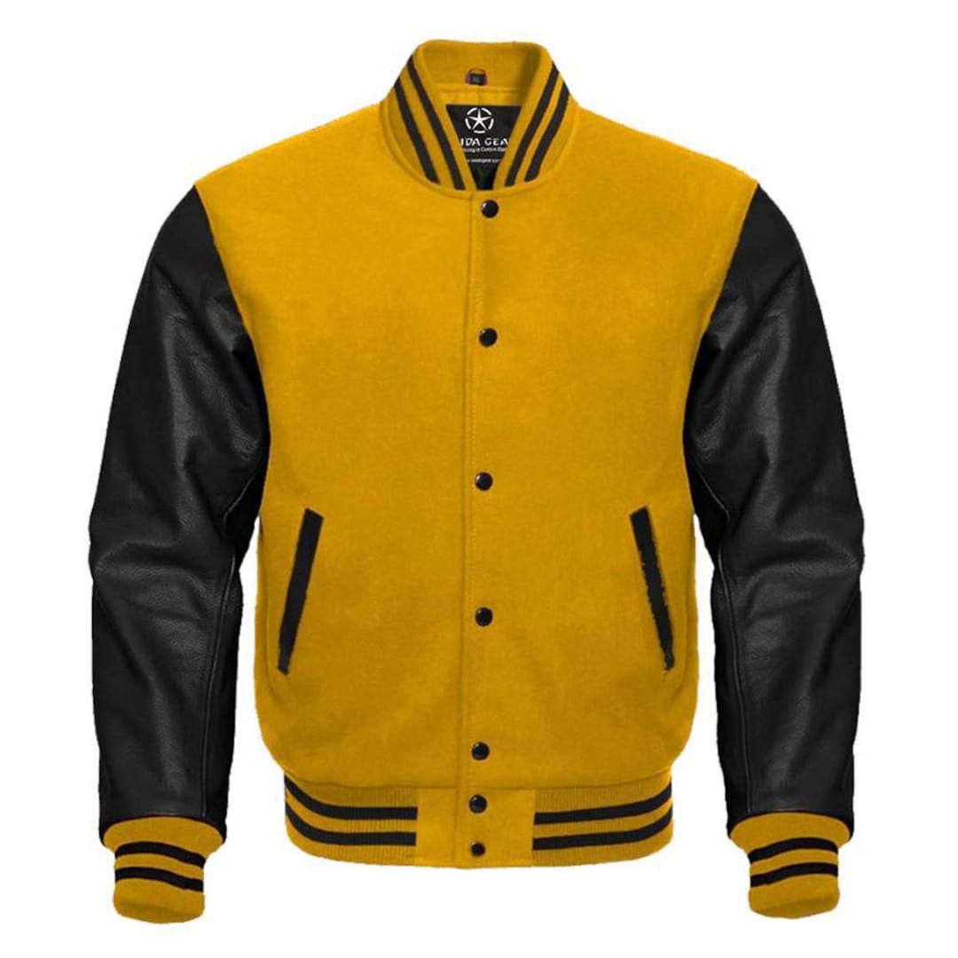 Yellow Gold Letterman Jacket for MEN & WOMEN With Black Real Leather ...