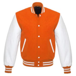 May include: Orange and white varsity jacket. The jacket features an orange body with white sleeves. It has a button-up front, two front pockets, and striped cuffs and hem. The collar is white with orange stripes.
