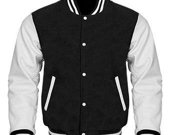 Custom Black Varsity Jacket with White Leather Sleeve Letterman Black Wool Letterman Jacket For Men Available with Custom Patch as Optional