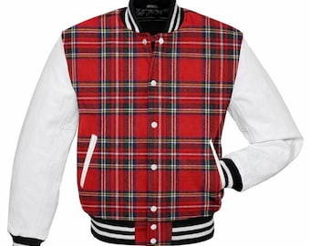 Chaqueta universitaria de tartán personalizada para hombre, estilo Letterman, de lana escocesa de invierno, moderna, disponible en más de 60 tartanes.