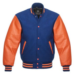 May include: A blue and orange varsity jacket with orange leather sleeves. The jacket has a button-up front, orange and blue striped cuffs and waistband, and the text "SAIDA GEAR" on the label.